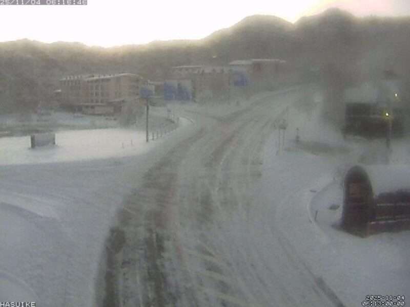 国道292号蓮池ライブカメラ(長野県山ノ内町平穏) 2025年11月4日 降雪