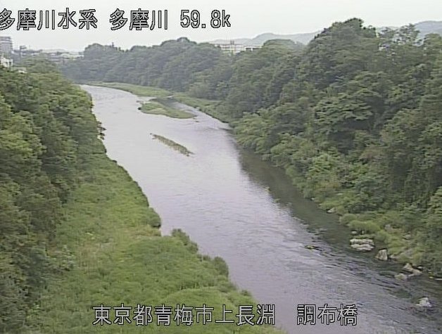 東京都青梅市長淵の調布橋水位観測所に設置された多摩川が見えるライブカメラです。