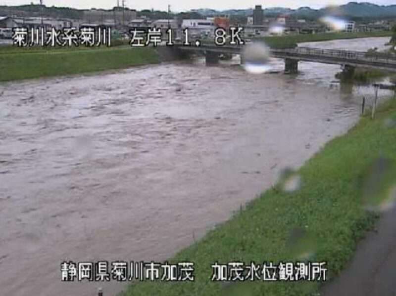 菊川加茂水位観測所ライブカメラ(静岡県菊川市加茂) 2025年9月5日13時50分 台風15号大雨増水時 氾濫危険水位