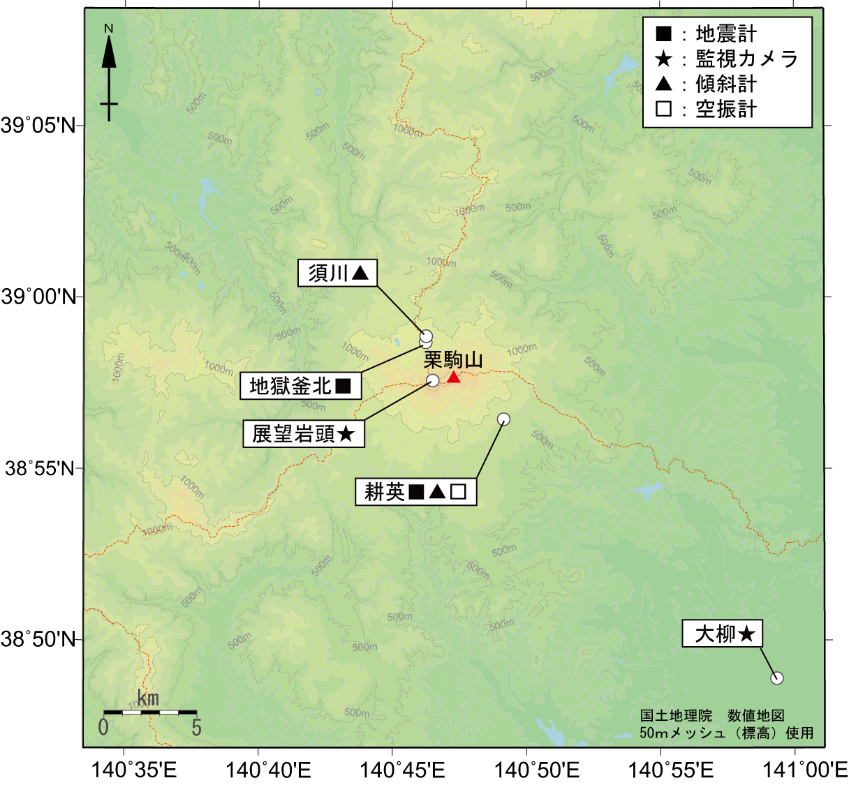地震計・空振計・傾斜計・GPS・遠望カメラ