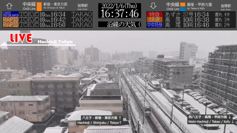 八王子JR中央線ライブカメラ　2022年1月6日　降雪時