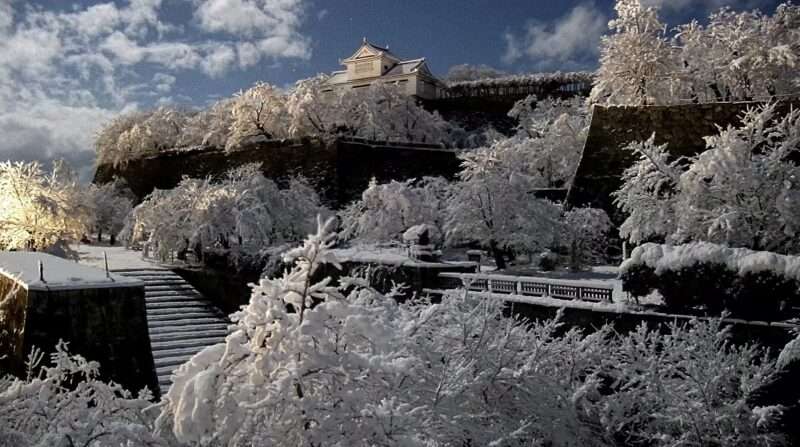 津山城鶴山公園ライブカメラ(岡山県津山市山下) 2026年1月3日3時20分 雪の津山城