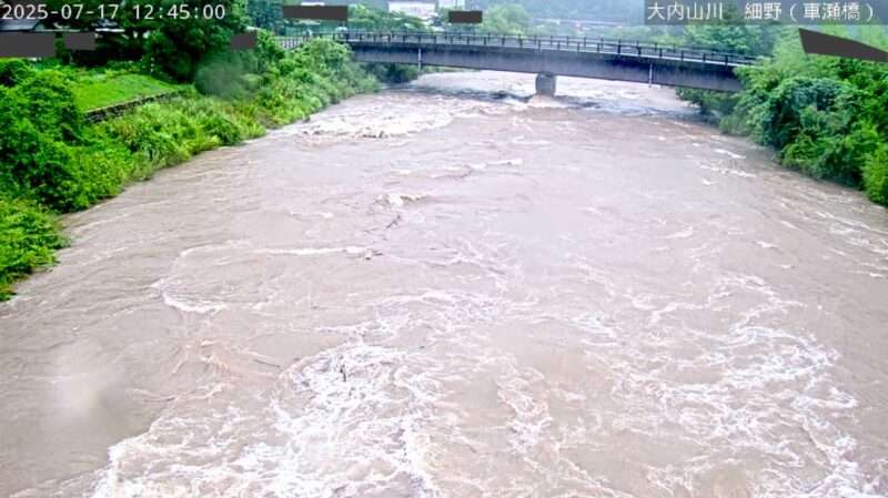 大内山川細野ライブカメラ(三重県大紀町大内山) 2025年7月17日 12:45 氾濫危険水位