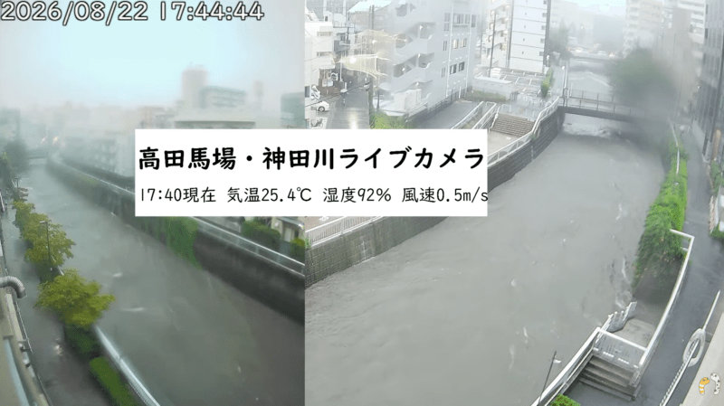 高田馬場神田川ライブカメラ(東京都新宿区高田馬場) 2026年8月22日17時44分 ゲリラ豪雨による大雨増水時