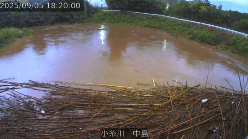 小糸川中島ライブカメラ(千葉県君津市上) 2025年9月5日18時20分 台風15号大雨増水時 氾濫危険水位