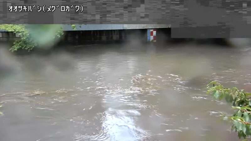 目黒川大崎橋ライブカメラ(東京都品川区西五反田) 2025年9月11日15時42分 ゲリラ豪雨による大雨増水時 氾濫危険水位