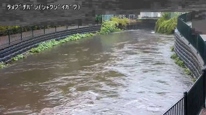 石神井川溜渕橋上流ライブカメラ(東京都西東京市東伏見) 2025年9月11日15時40分 ゲリラ豪雨による大雨増水時